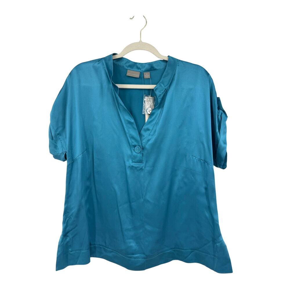 Investments Womens 100% Silk Short Sleeve Top Size 16 Blue Relaxed Fit Office